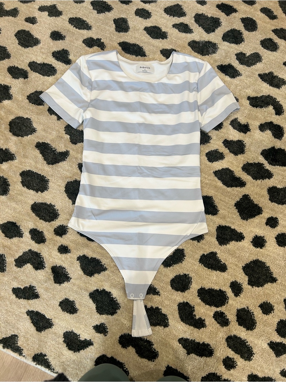 Babaton Short Sleeve Striped Bodysuit in Light Blue and White- Small